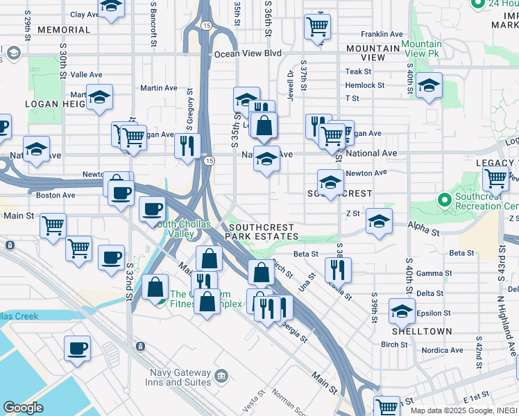 map of restaurants, bars, coffee shops, grocery stores, and more near 3555 Z Street in San Diego