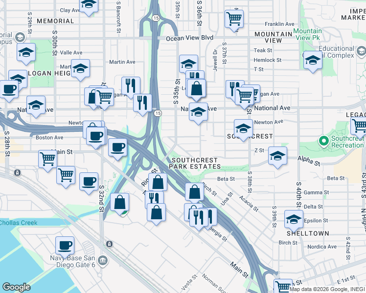 map of restaurants, bars, coffee shops, grocery stores, and more near 1376 Acacia Court in San Diego