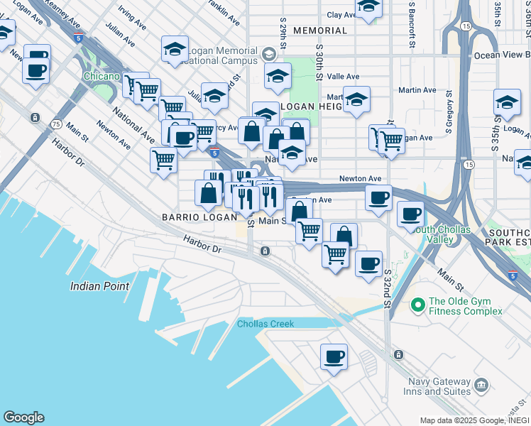 map of restaurants, bars, coffee shops, grocery stores, and more near in San Diego