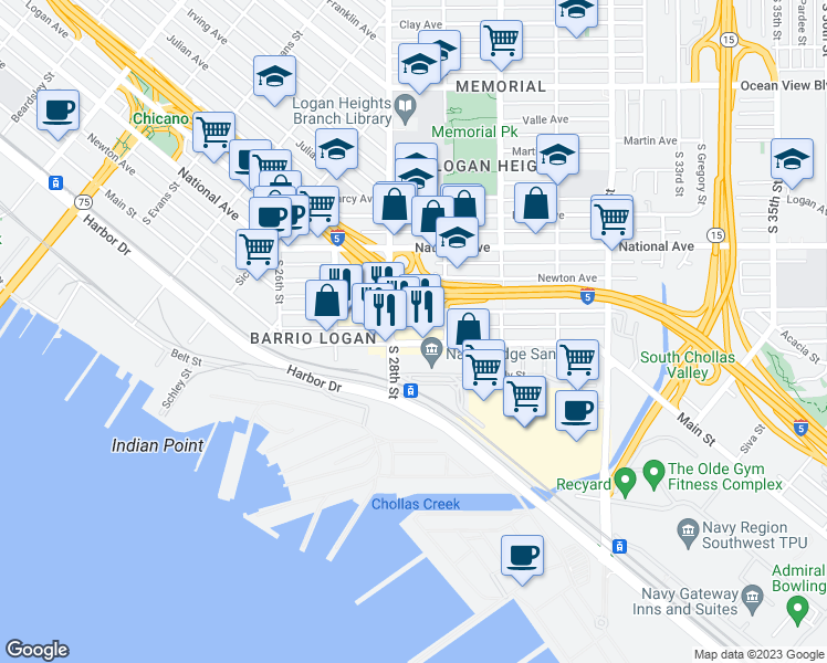 map of restaurants, bars, coffee shops, grocery stores, and more near in San Diego