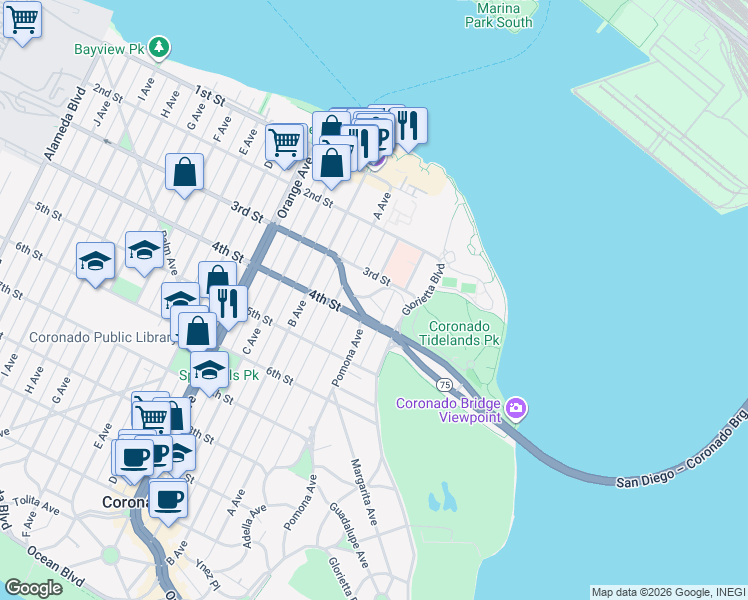 map of restaurants, bars, coffee shops, grocery stores, and more near 1519 Escondido Lane in Coronado