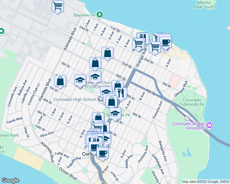 map of restaurants, bars, coffee shops, grocery stores, and more near 555 D Avenue in Coronado