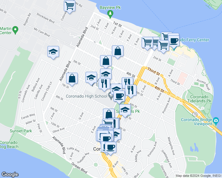map of restaurants, bars, coffee shops, grocery stores, and more near 907 6th Street in Coronado