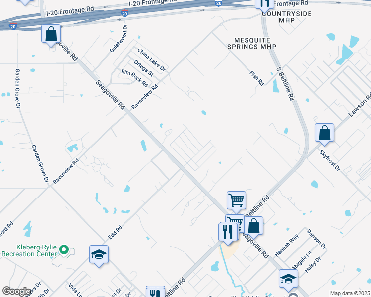 map of restaurants, bars, coffee shops, grocery stores, and more near 14565 Seagoville Road in Dallas