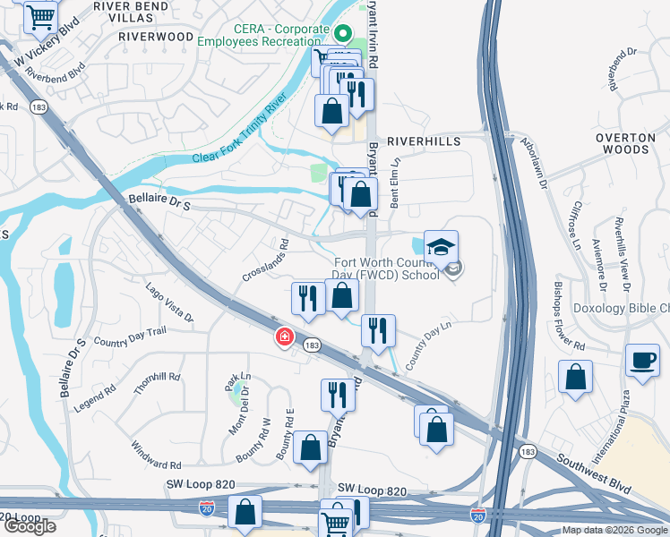 map of restaurants, bars, coffee shops, grocery stores, and more near 5513 Crosscreek Lane in Benbrook