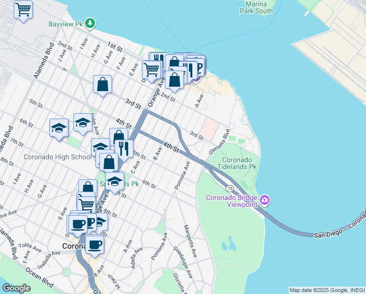 map of restaurants, bars, coffee shops, grocery stores, and more near 344 Pomona Avenue in Coronado
