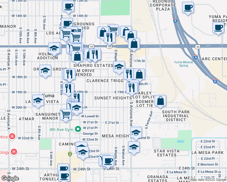 map of restaurants, bars, coffee shops, grocery stores, and more near 1945 South Maple Avenue in Yuma