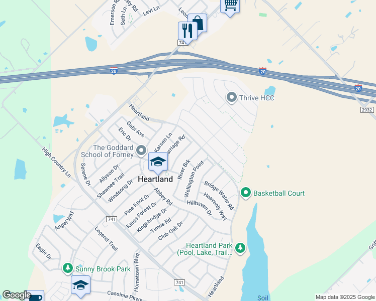 map of restaurants, bars, coffee shops, grocery stores, and more near 2029 River Brook in Forney