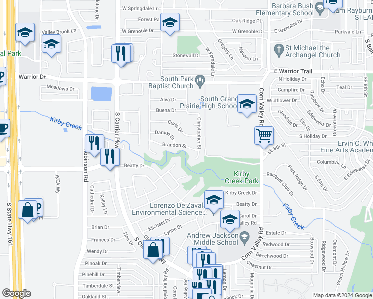 map of restaurants, bars, coffee shops, grocery stores, and more near 413 Brandon Street in Grand Prairie