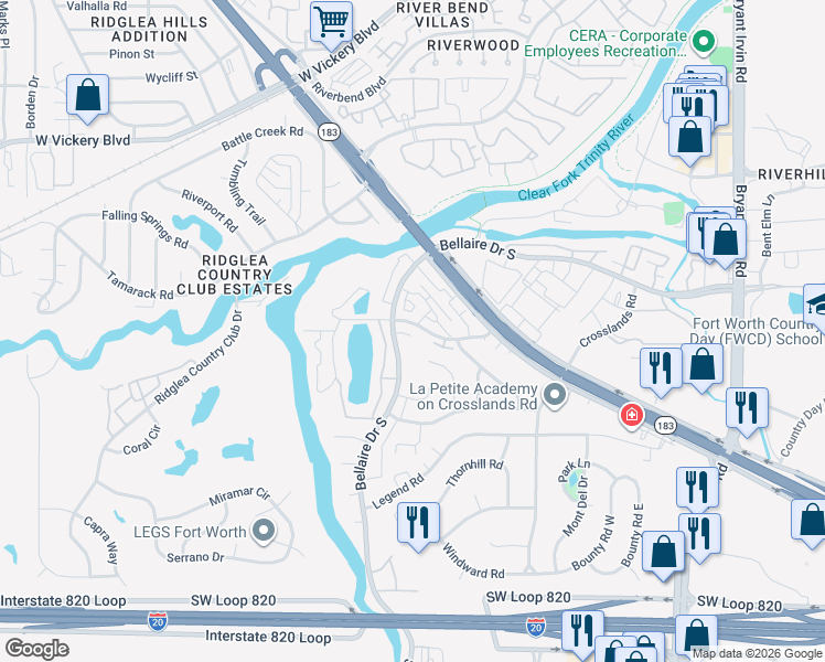 map of restaurants, bars, coffee shops, grocery stores, and more near 6638 Rue Chateau Street North in Benbrook