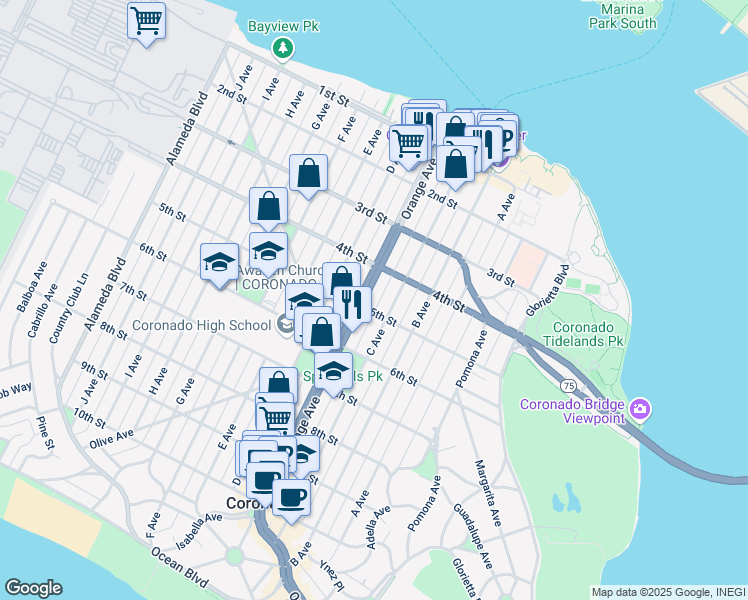 map of restaurants, bars, coffee shops, grocery stores, and more near 467 Orange Avenue in Coronado