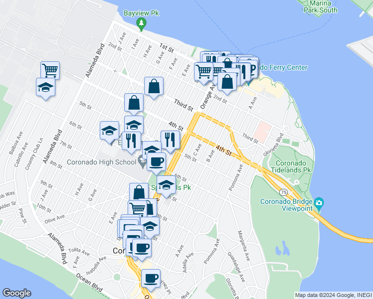 map of restaurants, bars, coffee shops, grocery stores, and more near 465 Orange Avenue in Coronado