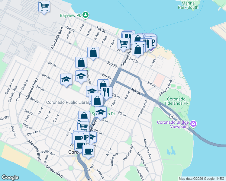 map of restaurants, bars, coffee shops, grocery stores, and more near 465 Orange Avenue in Coronado