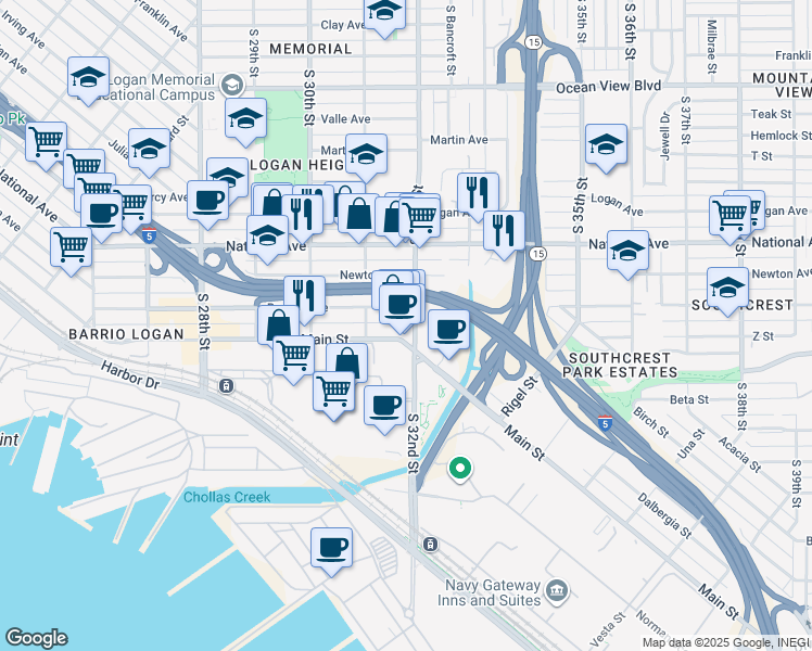 map of restaurants, bars, coffee shops, grocery stores, and more near 3150 Main Street in San Diego