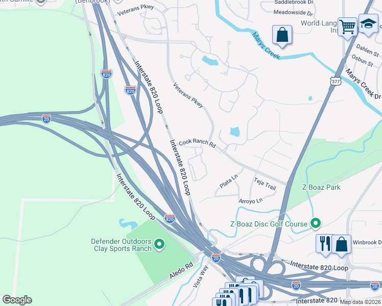 map of restaurants, bars, coffee shops, grocery stores, and more near 8889 Cook Ranch Road in Fort Worth