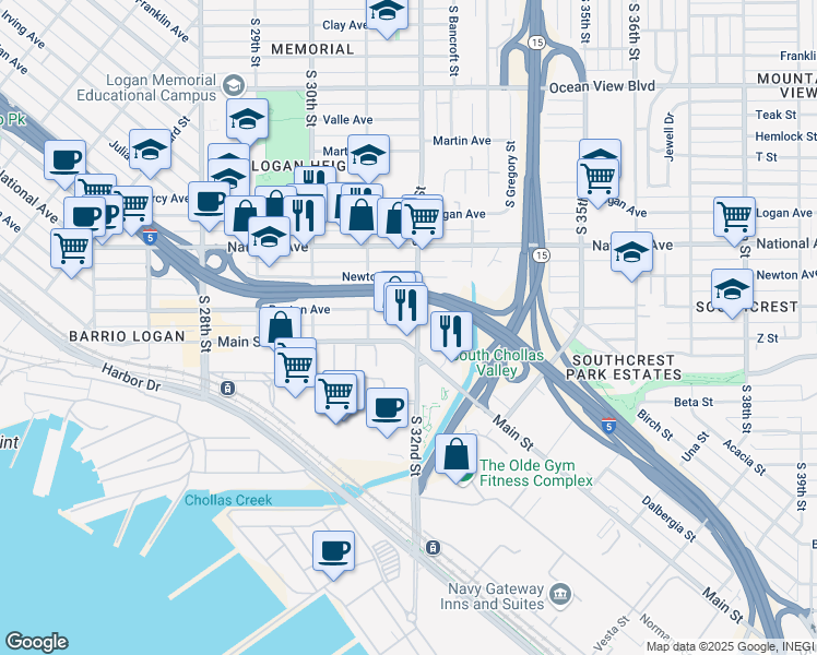 map of restaurants, bars, coffee shops, grocery stores, and more near 3153 Boston Avenue in San Diego
