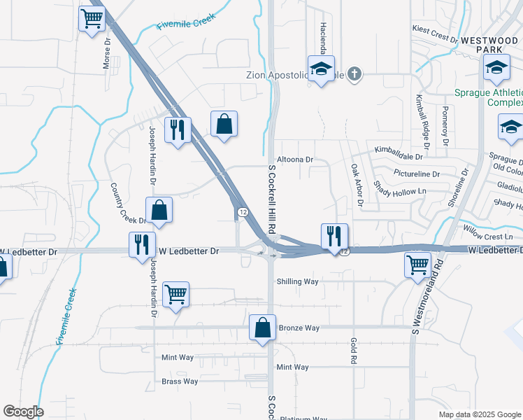 map of restaurants, bars, coffee shops, grocery stores, and more near 4099 South Cockrell Hill Road in Dallas