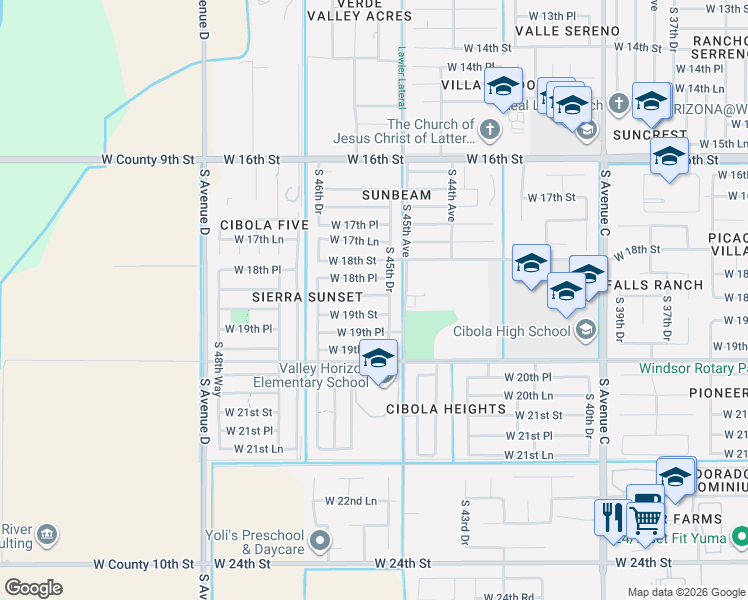 map of restaurants, bars, coffee shops, grocery stores, and more near 4573 West 18th Place in Yuma