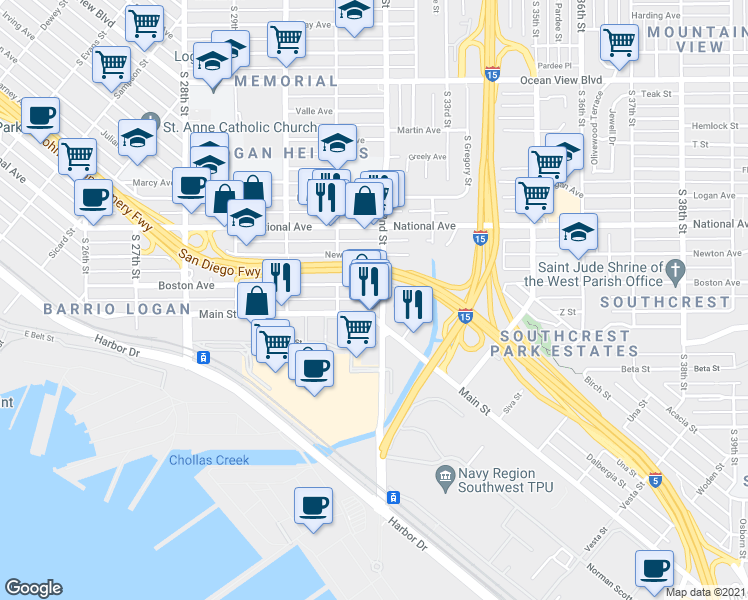 map of restaurants, bars, coffee shops, grocery stores, and more near 3153 Boston Avenue in San Diego
