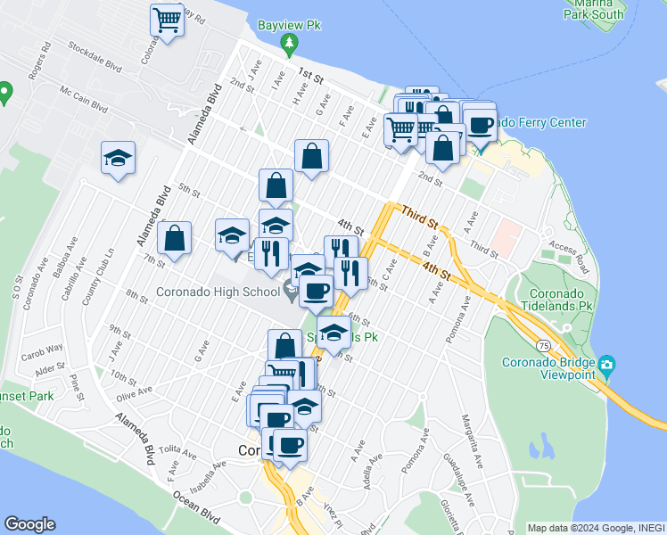 map of restaurants, bars, coffee shops, grocery stores, and more near 466 D Avenue in Coronado