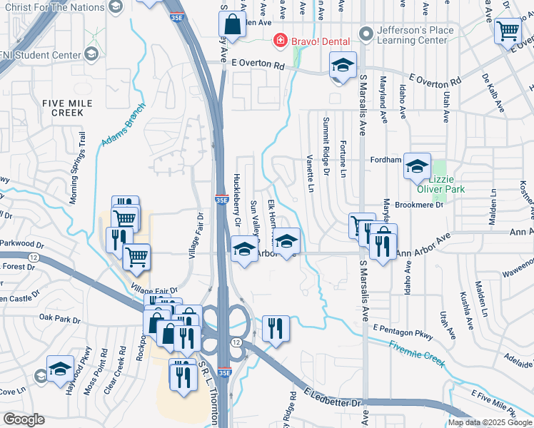 map of restaurants, bars, coffee shops, grocery stores, and more near 4115 Elk Horn Trail in Dallas