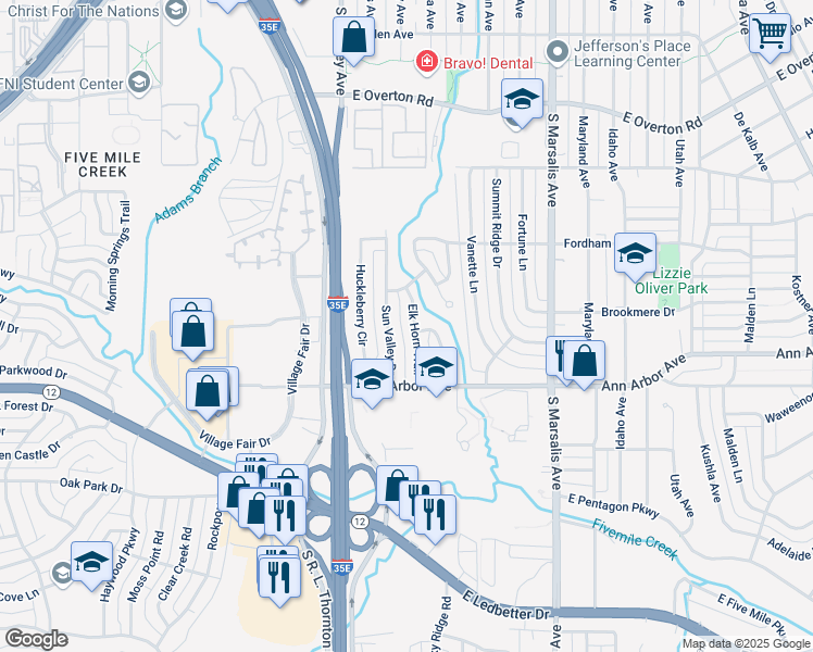 map of restaurants, bars, coffee shops, grocery stores, and more near 4115 Elk Horn Trail in Dallas