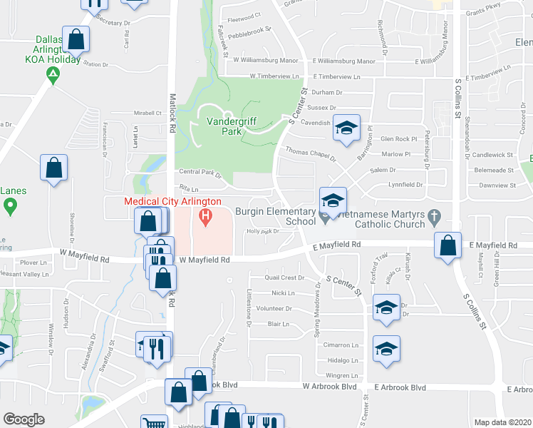 map of restaurants, bars, coffee shops, grocery stores, and more near 3200 Ramblewood Circle in Arlington