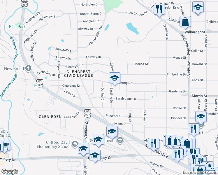 map of restaurants, bars, coffee shops, grocery stores, and more near 2545 Hunting Drive in Fort Worth