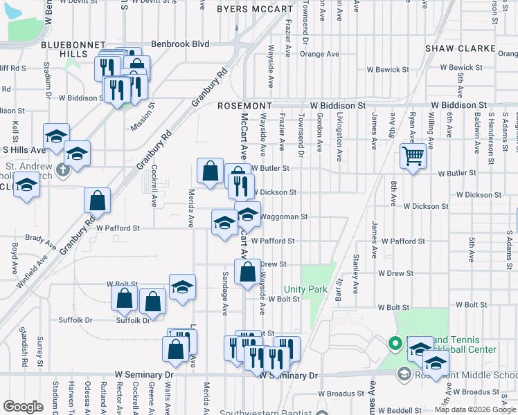 map of restaurants, bars, coffee shops, grocery stores, and more near 3751 Wayside Avenue in Fort Worth