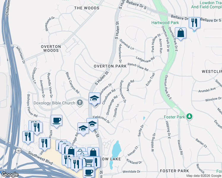 map of restaurants, bars, coffee shops, grocery stores, and more near 3737 Arborlawn Drive in Fort Worth
