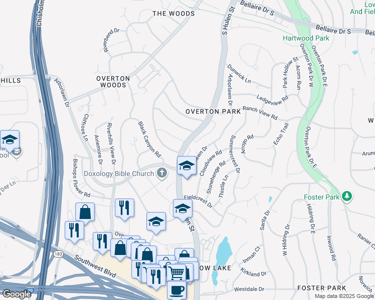 map of restaurants, bars, coffee shops, grocery stores, and more near 3820 South Hulen Street in Fort Worth