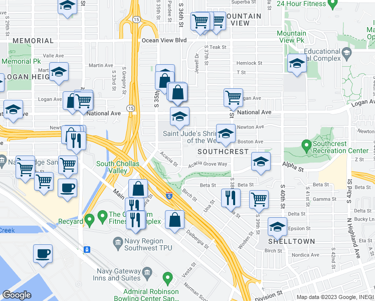 map of restaurants, bars, coffee shops, grocery stores, and more near 1235 South 36th Street in San Diego