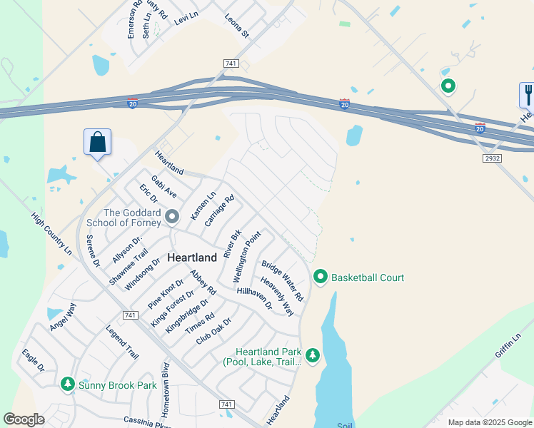 map of restaurants, bars, coffee shops, grocery stores, and more near 2041 River Brook in Forney