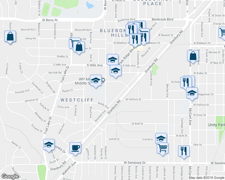map of restaurants, bars, coffee shops, grocery stores, and more near 3717 Stadium Drive in Fort Worth
