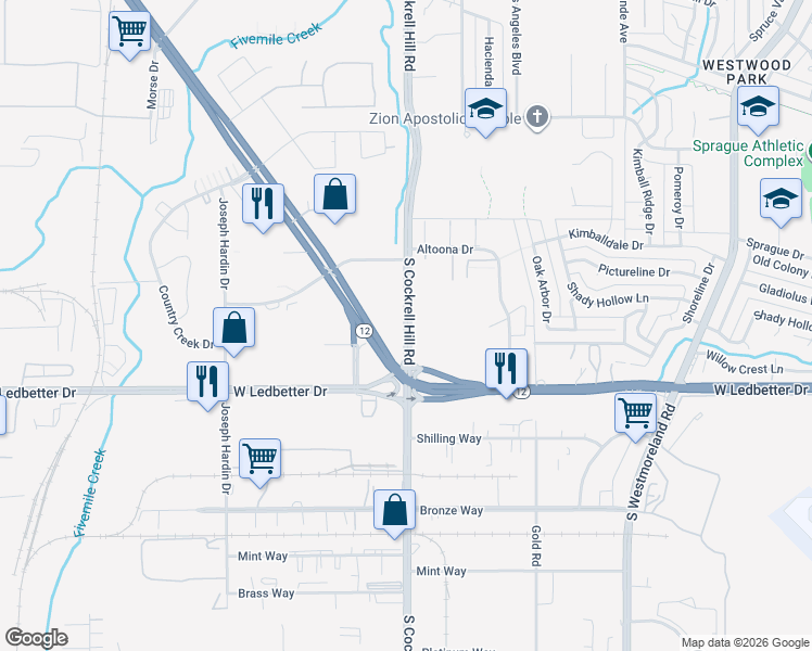 map of restaurants, bars, coffee shops, grocery stores, and more near 4105 South Cockrell Hill Road in Dallas