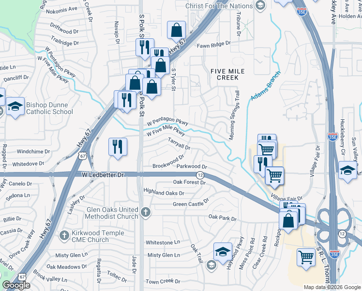 map of restaurants, bars, coffee shops, grocery stores, and more near Tarryall Drive in Dallas