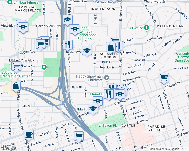 map of restaurants, bars, coffee shops, grocery stores, and more near 1251 Gloria Street in San Diego