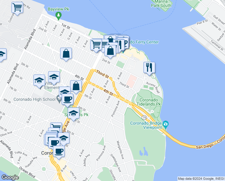map of restaurants, bars, coffee shops, grocery stores, and more near 321 California 75 in Coronado