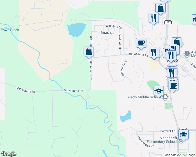 map of restaurants, bars, coffee shops, grocery stores, and more near 819 Old Annetta Road in Aledo