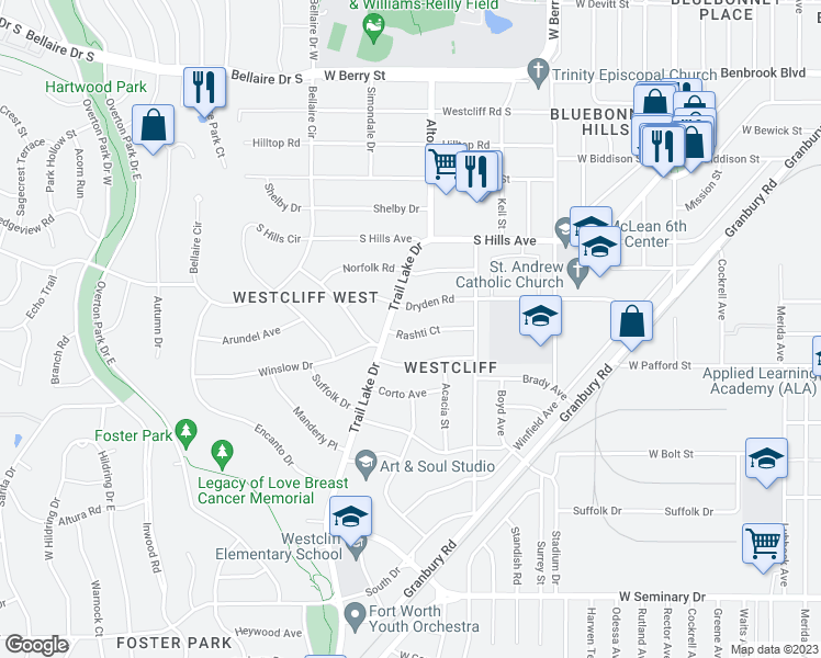 map of restaurants, bars, coffee shops, grocery stores, and more near 3540 Rashti Court in Fort Worth