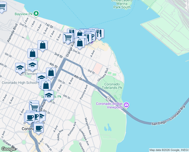 map of restaurants, bars, coffee shops, grocery stores, and more near 340 Glorietta Place in Coronado