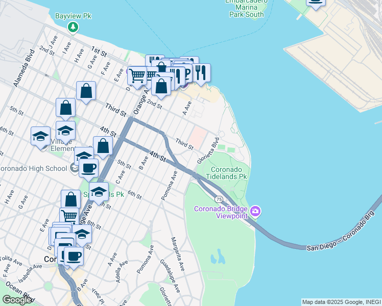 map of restaurants, bars, coffee shops, grocery stores, and more near 340 Glorietta Place in Coronado