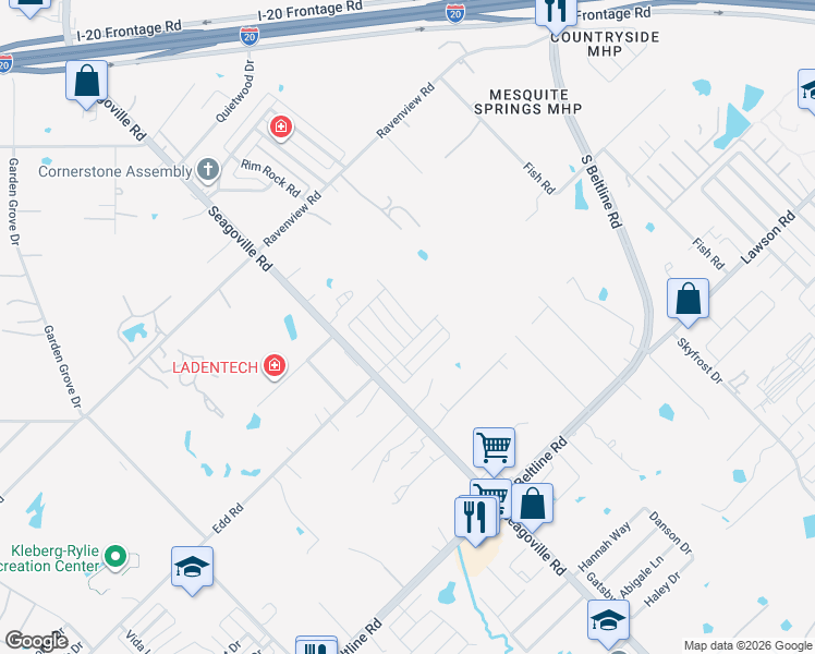 map of restaurants, bars, coffee shops, grocery stores, and more near 14709 Seagoville Road in Dallas