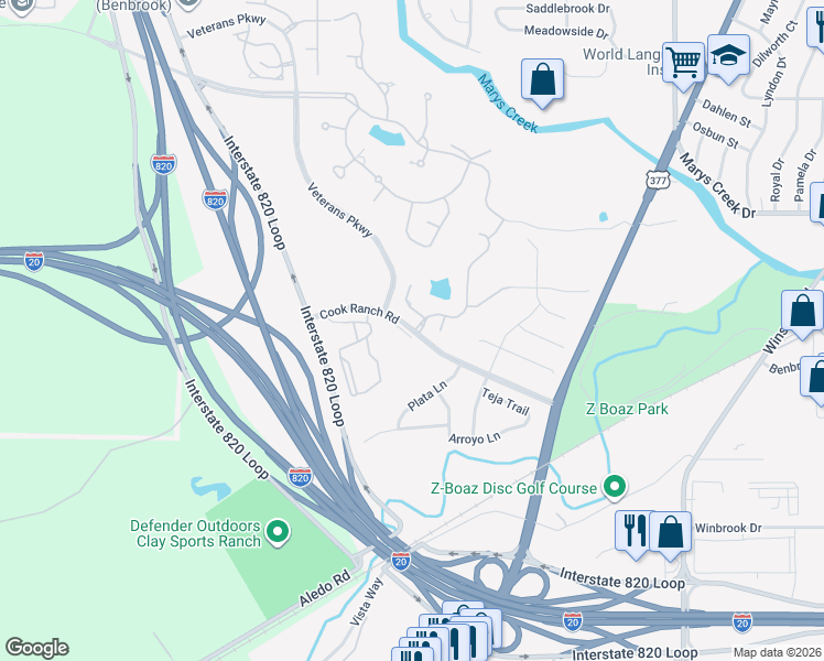 map of restaurants, bars, coffee shops, grocery stores, and more near 5316 Sendero Drive in Fort Worth