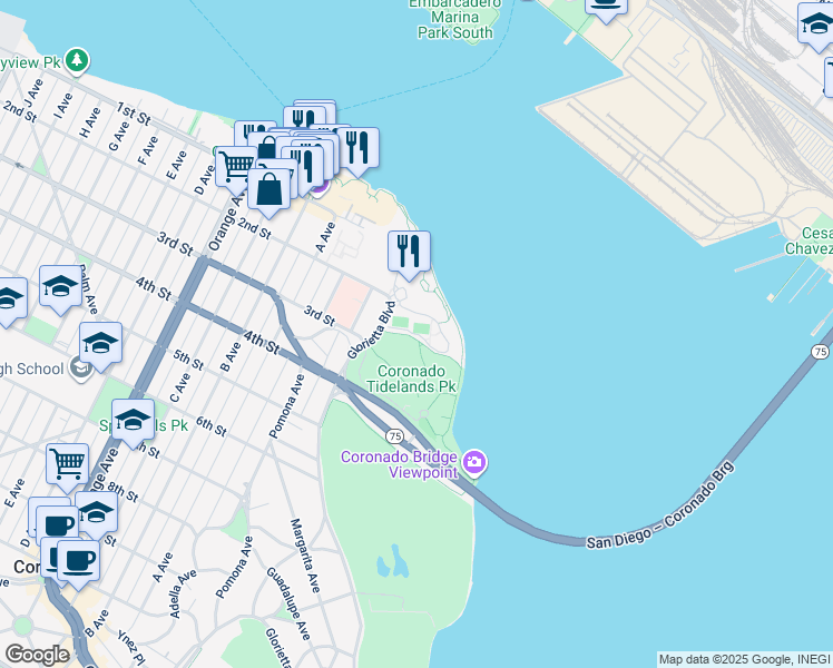 map of restaurants, bars, coffee shops, grocery stores, and more near Access Road in Coronado
