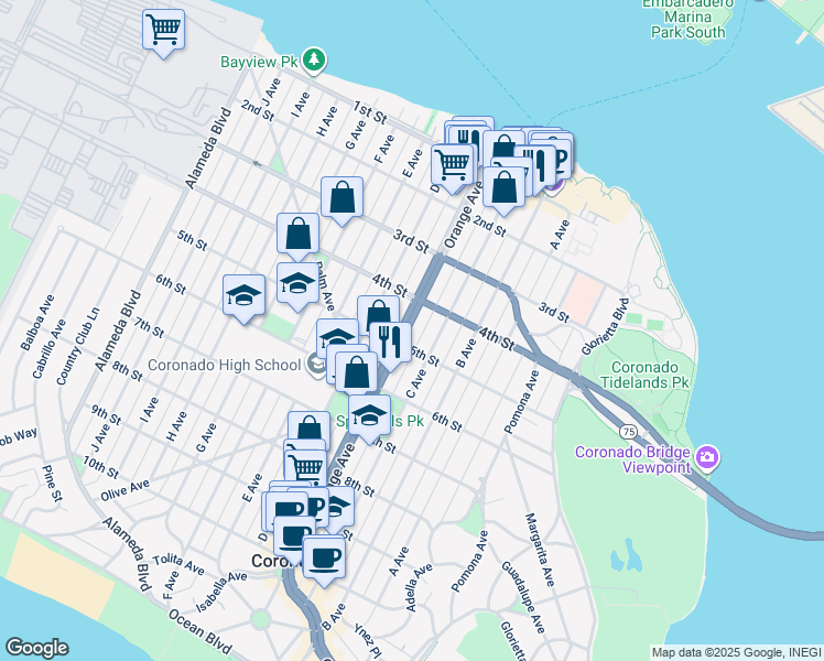 map of restaurants, bars, coffee shops, grocery stores, and more near 451 Orange Avenue in Coronado