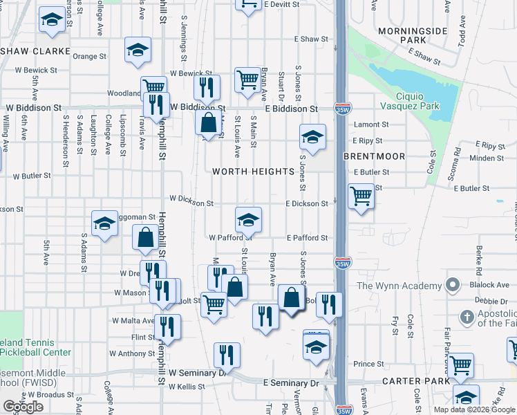map of restaurants, bars, coffee shops, grocery stores, and more near 3733 South Main Street in Fort Worth