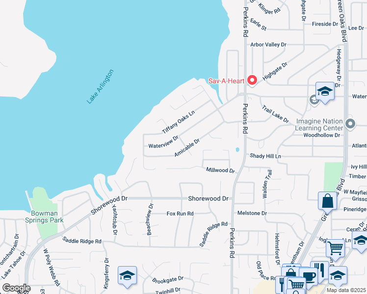 map of restaurants, bars, coffee shops, grocery stores, and more near 6210 Waterview Drive in Arlington