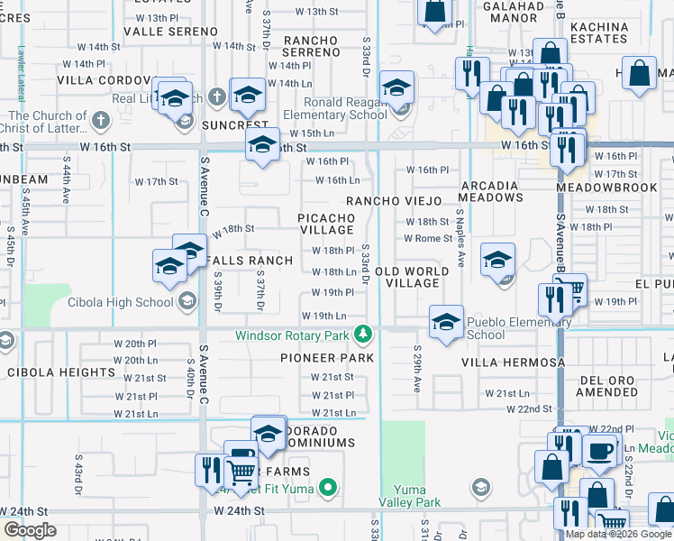 map of restaurants, bars, coffee shops, grocery stores, and more near 3436 West 18th Lane in Yuma