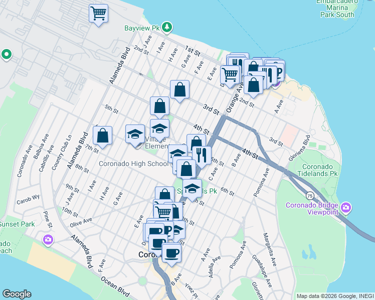 map of restaurants, bars, coffee shops, grocery stores, and more near 924 5th Street in Coronado